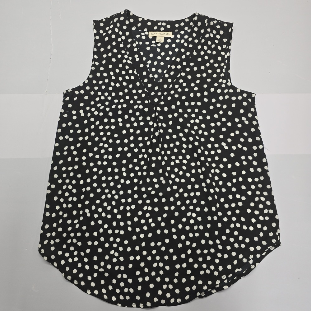 Emaline Womens Black White Polka Dot Sleeveless V-Neck Blouse Top Small